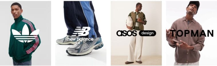Vignettes de marques sur la page d'accueil d'ASOS : adidas, New Balance, ASOS Design et Topman