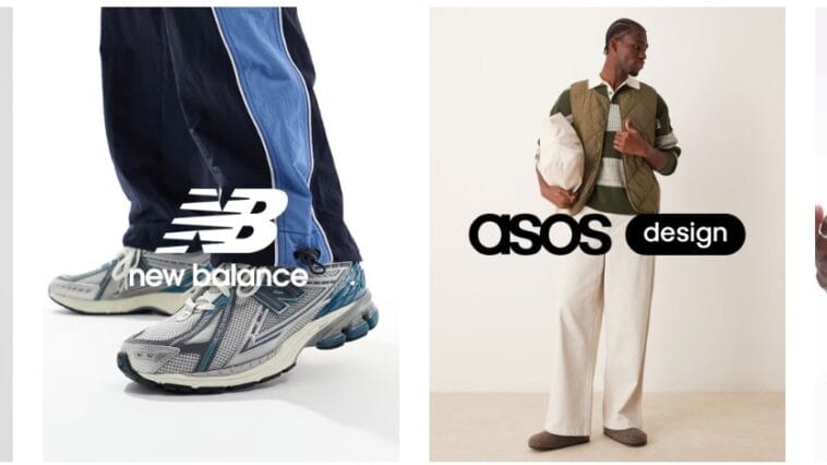 Vignettes de marques sur la page d'accueil d'ASOS : adidas, New Balance, ASOS Design et Topman