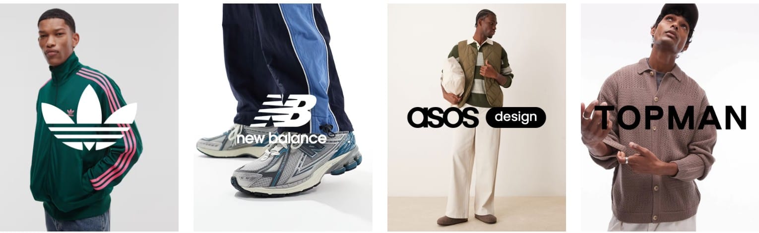 Vignettes de marques sur la page d'accueil d'ASOS : adidas, New Balance, ASOS Design et Topman